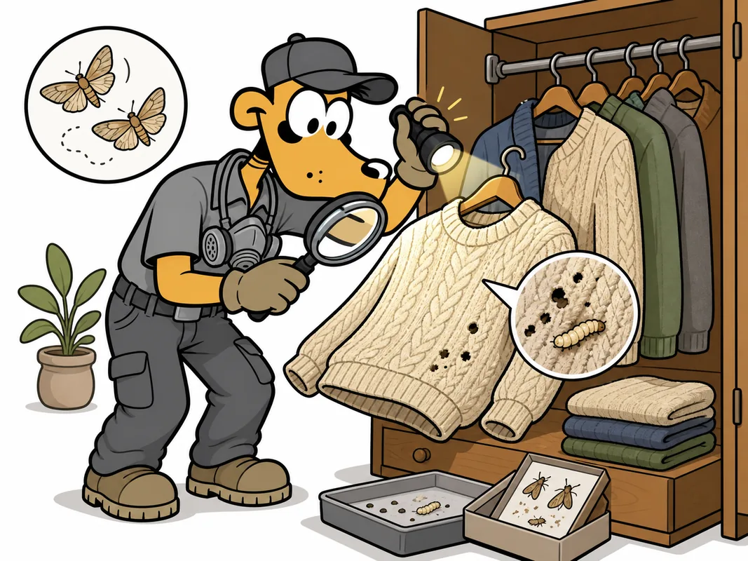 Kammerjäger prüft Kleidermotten im Kleiderschrank